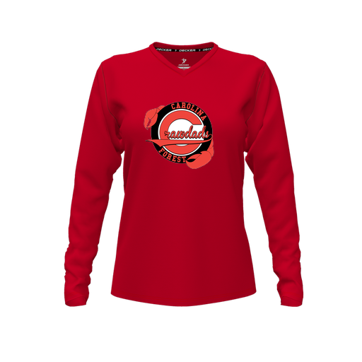 [CUS-DFW-TEES-PER-VNK-LSL-RED-FYXS-LOGO1] Performance T-Shirt (Female Youth XS, Red, V Neck, Logo 1, Long Sleeve)
